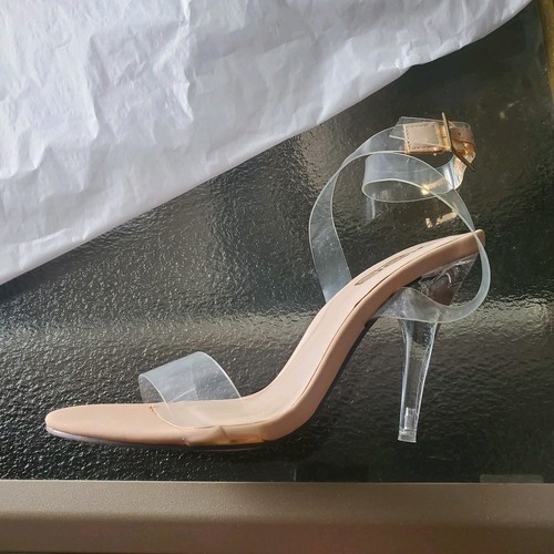 X2B MAY Clear Nude Heel Sandal Women's 6.5 Criss-Cross Ankle Strap NIB - Afbeelding 1 van 14