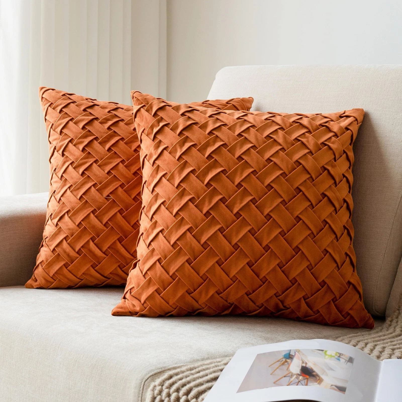 Velvet Decorative Throw Pillow Covers Set of 2, 18x18 Inch Soft Modern Weave ...