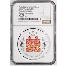 2025 Australia Stamp and Coin Lunar Double Happiness Xi 1 oz Silver NGC MS 70