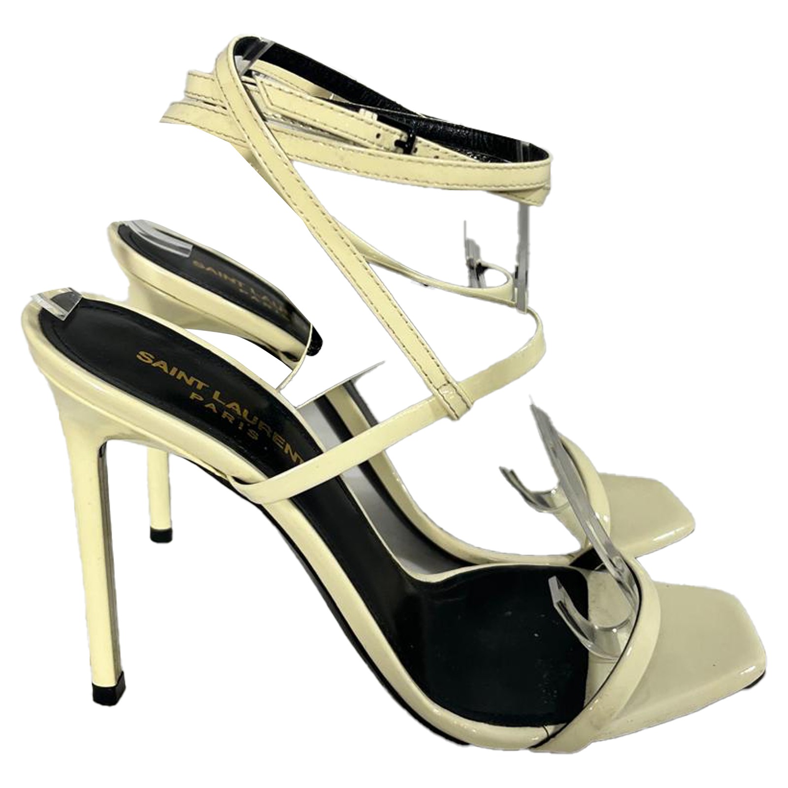 Sandali con tacco alto Saint Laurent ambra e cinturino in pelle crema donna taglia E