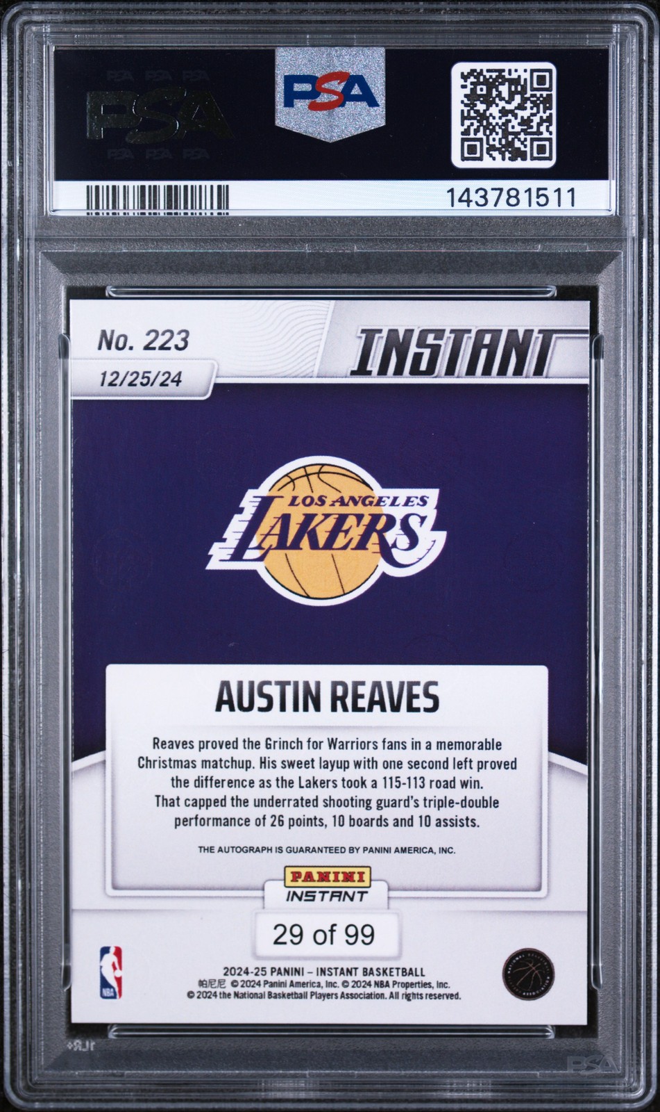 2024 PANINI INSTANT NBA AUTO #223 AUSTIN REAVES 29/99 PSA 9 view 2