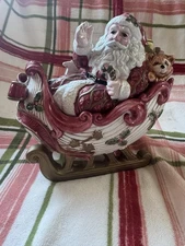 Vtg 1993 Fitz and Floyd Kris Kringle Santa Sleigh Ceramic 9” Candy Cookie Jar