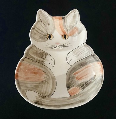 Vintage Handcrafted Calico Kitty Cat Ceramic Pottery Dish 7  X 6 