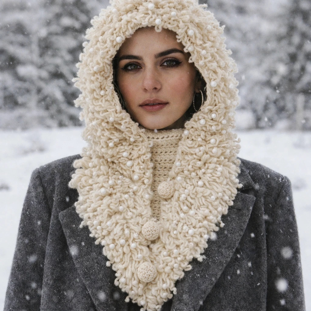 VINTAGE Handknit Wool Hood Winter Neck Warmer Balaclava Italy Beaded women S