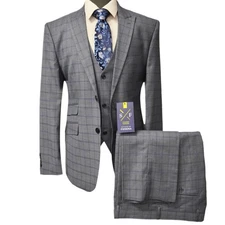 Studio Ferera Men’s 3-piece Slim Fit Suit 40R/34W - Grey Plaid