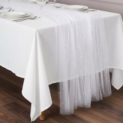 Thinp Pearl Table Runner, 30x120 Inch White Tulle Table Runner 10FT Rustic 
