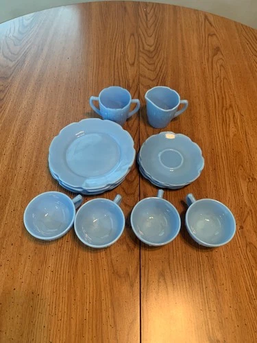 VINTAGE JEANNETTE JUNIOR DELFITE DINNER SET, 14 PIECES, CHERRY BLOSSOM PATTERN