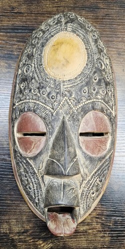 Sese Wood 'Only Good Thoughts' African Ghanaian Sun Mask 15" x 7.5" (MIL)