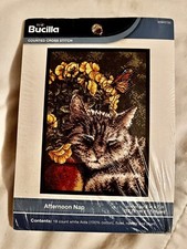 Counted Cross Stitch Kit  Afternoon Nap  Cat w/ Flowers  Butterfly 5X 7