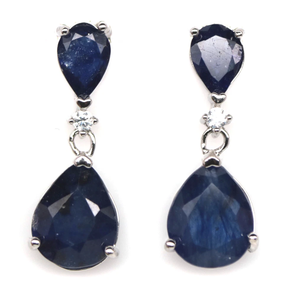 925 Sterling Silber 8 X 10 Mm. Blaue Saphir & Weiße Zirkon Ohrringe - Bild 1 von 4