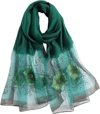WINCESS YU Women Mulberry Silk Scarf Long & Large Embroidered Floral Pattern Sha