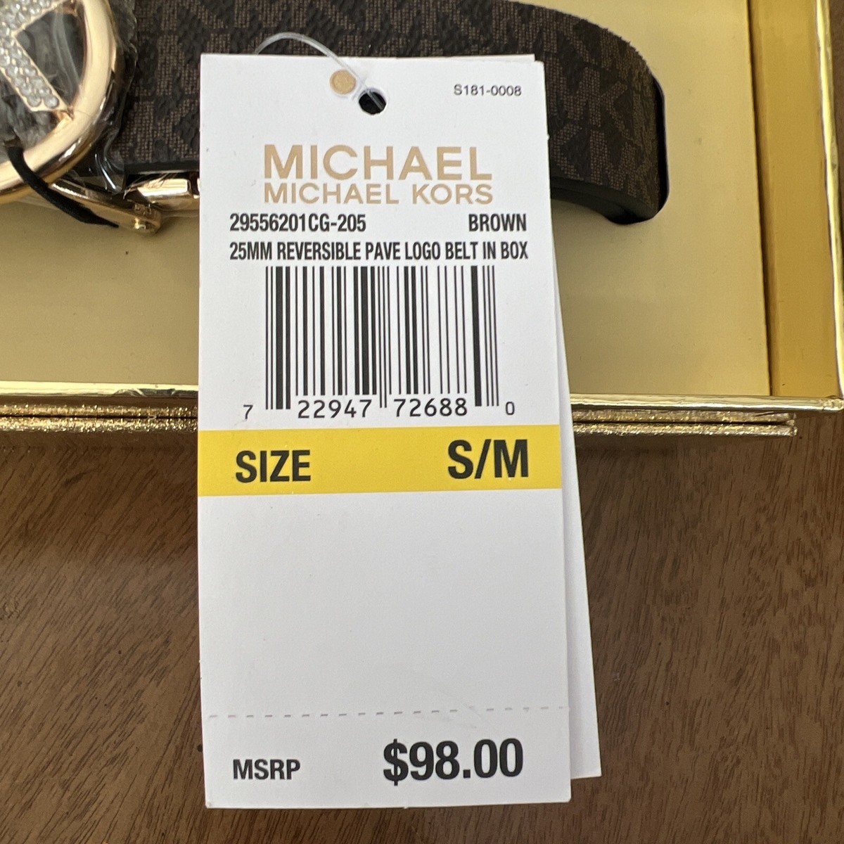 NWT Michael Kors Brown Signature Reversible Pave Logo Belt In Gift