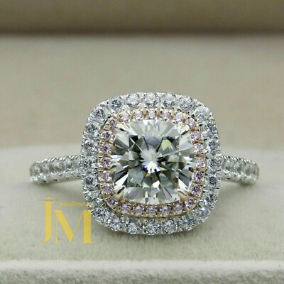 Moissanite 3 Carat Cushion Cut Double Halo Engagement Ring Solid 14K White Gold