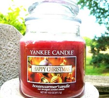 Yankee Candle Retired "HAPPY CHRISTMAS" Medium 14.5 oz. WHITE LABEL  RARE NEW