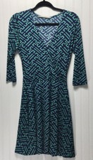 41 Hawthorn Women's Small Wrap Dress Navy Green Geo Print USA Made Stretch