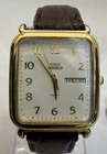 Neo-Vintage 1998 Timex Mens Indiglo Daydate Rectangle Analog Watch Brown Band