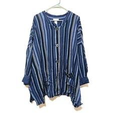 Avenue Linen Blend Button-Up Top Blue Striped Size 26/28 NWT Casual Boho