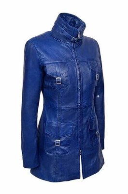 Trench Coat Genuine Stylish Casual Fit Women's Blue Handmade Leather Lambskin