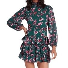 EXPRESS Floral Print Smocked Neck L/S Tiered Ruffle Trim Dress NWOT $88  XXS