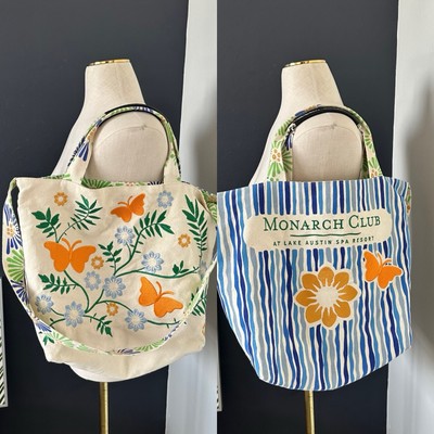 Monarch Club Lake Austin Spa Resort Butterfly Floral Embroidered Canvas Tote Bag