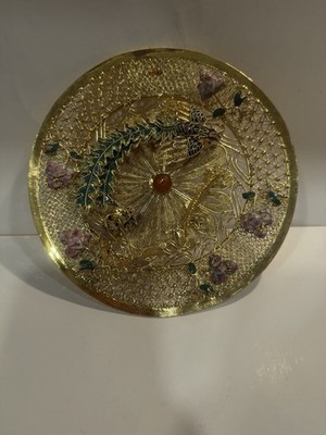 Chinese Gold Filigree Gilt Enamel Dragon Phoenix 3D Decorative Plate 3565B