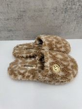 Michael Kors Womens Fuzzy Plush Slippers Size 7M Tan Cream MK Logo Slip On