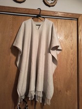 Vintage Wool Poncho Natural Beige Cream Fringe Western Hippie Big Size 42"Wx41"L