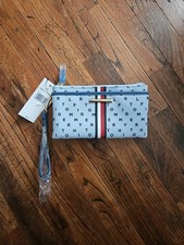 Tommy Hilfiger Women's Monogram Striped Wallet Dual Zippers Blue Background