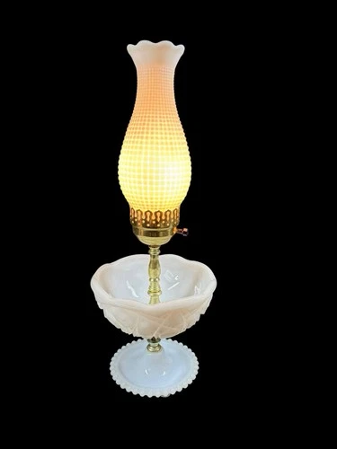RARE Vintage 16” Hobnail Milk Glass Electric Hurricane Parlor Lamp with Bowl