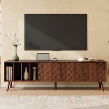 TV Stand Console for 75" TV with 3 Cabinets , Cable Holes & 4 Open Compartments