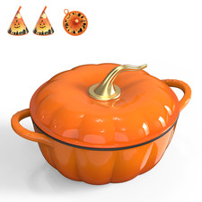 5 Quarts Pumpkin Shaped Cast Iron Dutch Oven with Lid, Halloween Fabric Pot Mat