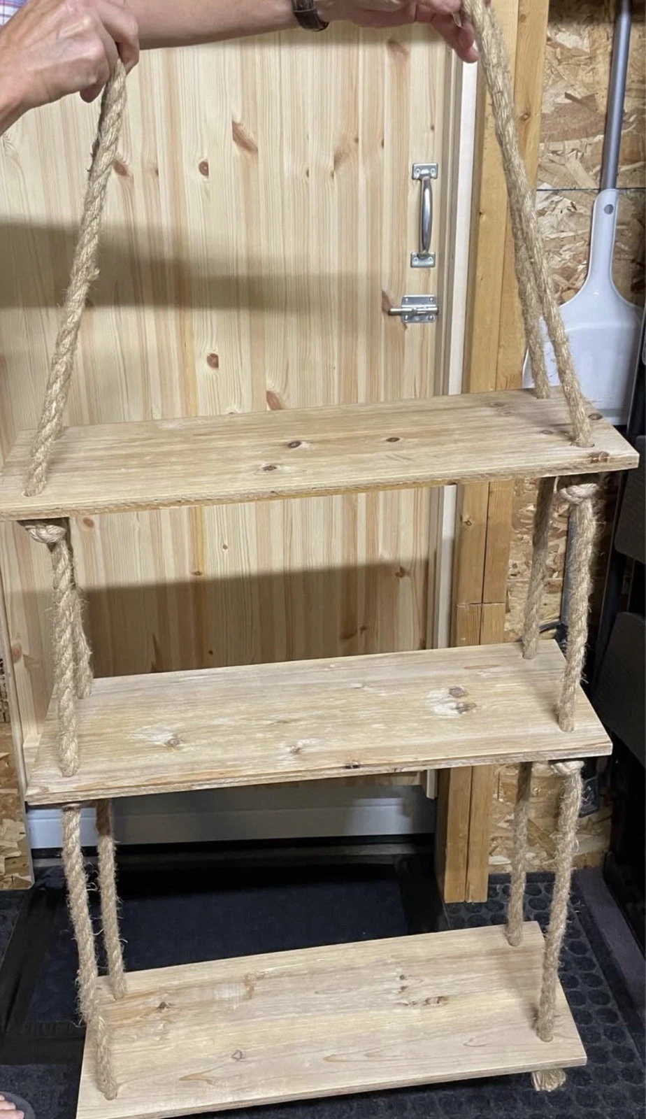 Hobby Lobby 3 Tier Wood Hanging Rope Shelf Window Wall 45” Long 24” Wide 8” Deep