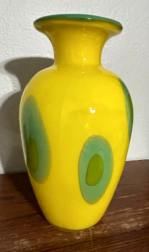 Vintage Yellow and Green Murano Type Mouth Blown Encased Art Glass Vase 9.75"