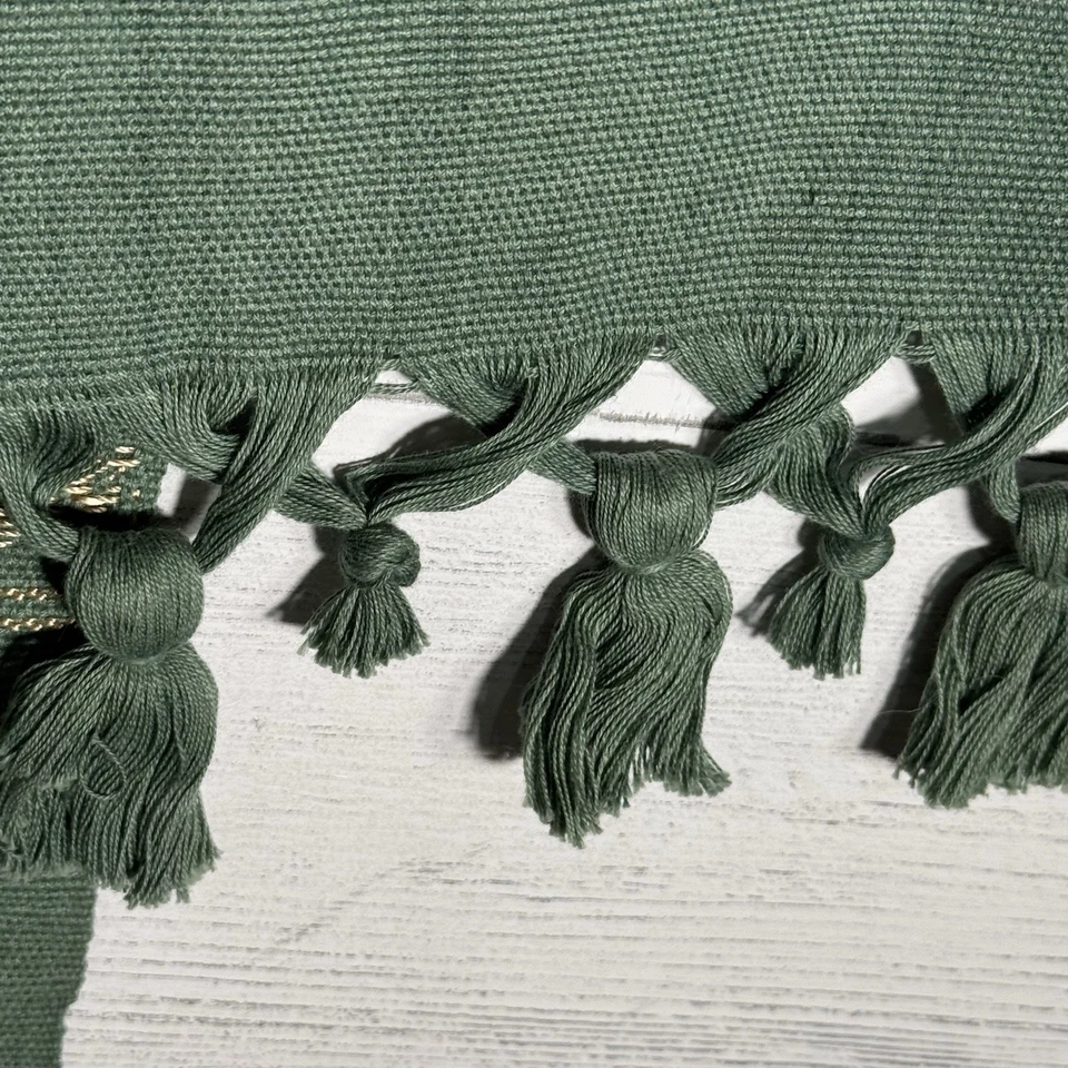 Sage Green & Gold Embroidered Woven Table Runner Fringed 15” X 84” - Image 3 of 3