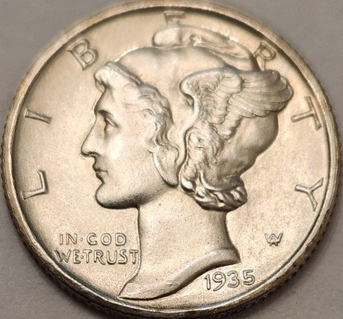 1935-S Mercury Dime – Choice AU/AU+ – Full Bands (FB, See Close-Ups)