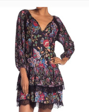 Alice+Olivia Size XS Lakita Tiered Tunic Mini Dress Floral Print Black Lace Trim