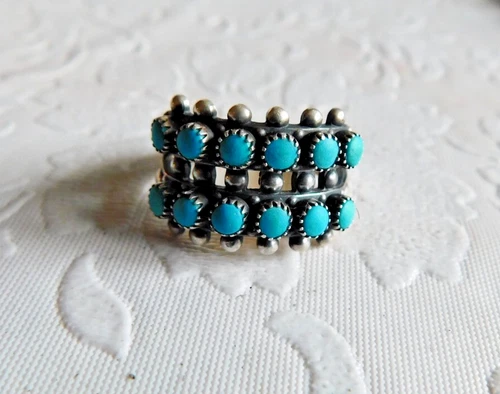 VINTAGE ZUNI 12 STONE TURQUOISE STERLING SILVER RING SIZE 6 - 5.7g