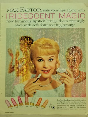 1959 Max Factor Iridescent magic lipstick cosmetic compact  vintage ad