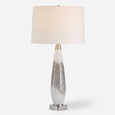 Elegant White Art Glass Mottled Metallic Silver Table Lamp 29 in Contemporary