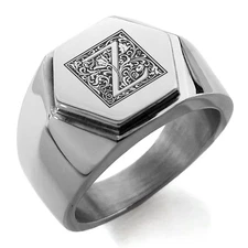 Stainless Steel Floral Box Monogram Letter Z Mens Hexagon Crest Signet Ring