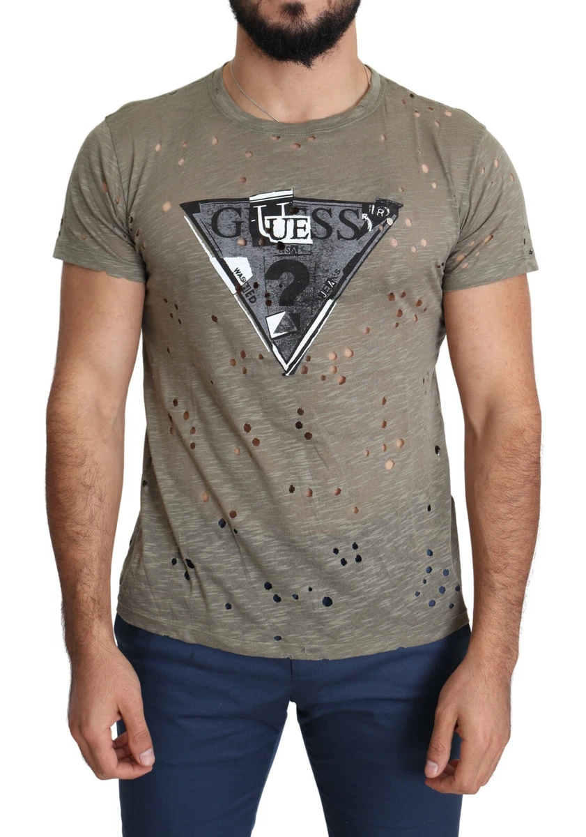 GUESS T shirt Brown Cotton Stretch Logo Print Men Casual Perforated s. XL 60