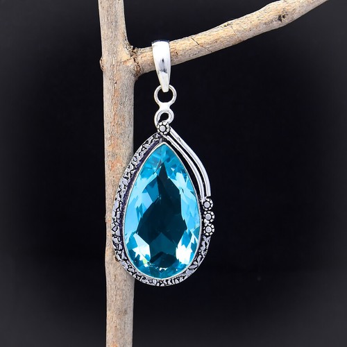 Christmas London Blue Topaz Gemstone 925 Sterling Silver Handmade Pendant - Picture 3 of 3