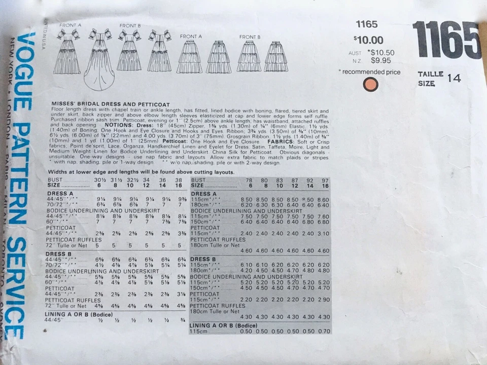 Vogue Pattern 1165 Bridal Original - Wedding Dress in 2 Lengths - Size 14 Uncut - Image 2 of 2