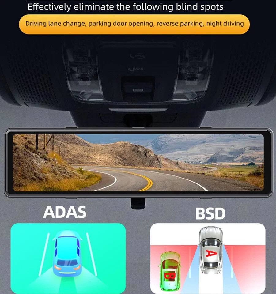 4 Channels 12'' Rearview Mirror 4K Dash Cam 360° Panoramic Car CVR Wifi ADAS BSD - Image 4 of 4