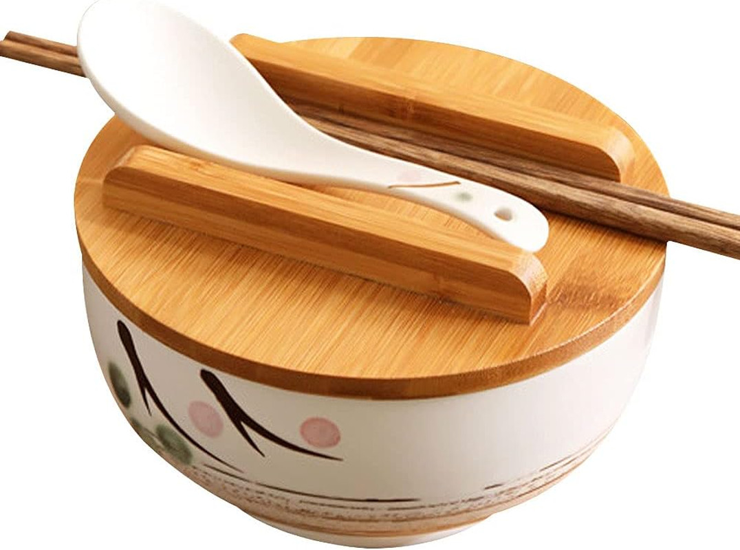 White Ceramic Bowl with Lid, Spoon, Chopsticks for Soup, Rice, Noodles. Japanese