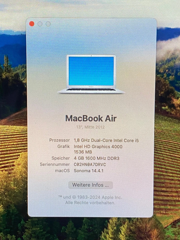 Apple MacBook Air 13 Zoll / 33cm, 4GB RAM, 250GB SSD, MacOS Sonoma 14.4.1 - Bild 2 von 4