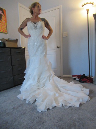 Alfred Angelo White Ivory Lace Strapless Beaded Mermaid Ruffle Wedding Dress L - Picture 8 of 24