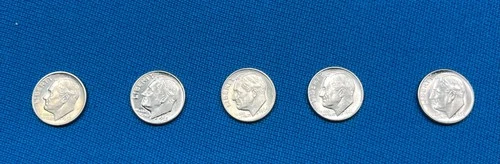 5 Beautiful Silver Roosevelt Dimes-1956-1964 D-1961 D-1963 D-1952 D