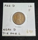 1922 D- Lincoln Wheat Cent- F- Weak D- Die Pair 1