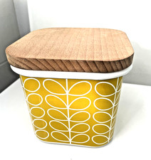 Orla Kiely  Enamel & Wood Storage Tin ,New, Linear Stem Design Yellow